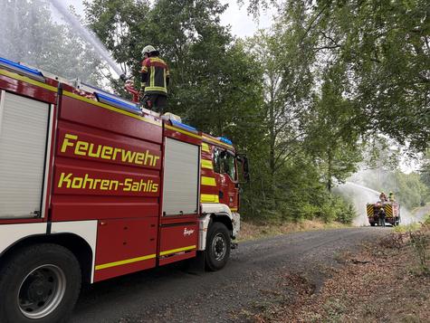 <p>Brandbekämpfung vom Fahrzeug aus: Einsatzkräfte bekämpfen den simulierten Waldbrand von zwei Fahrzeugen aus und trainieren die gezielte Wasserabgabe im unwegsamen Gelände.</p>